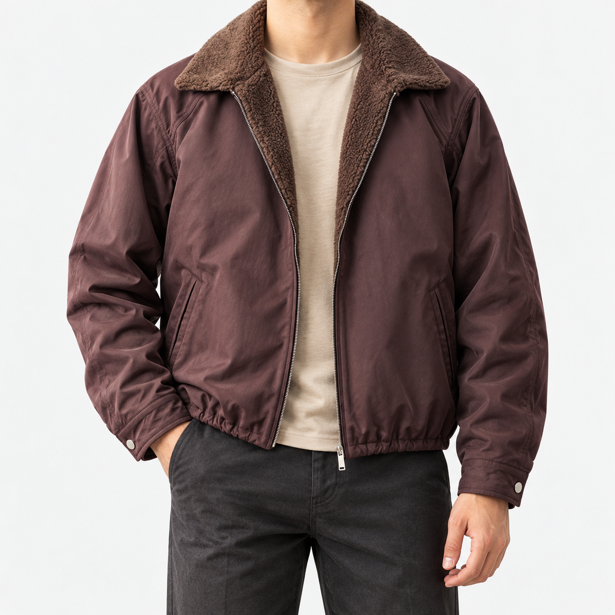 Leonardo casual jacket with flannel collar in wine red, front model view