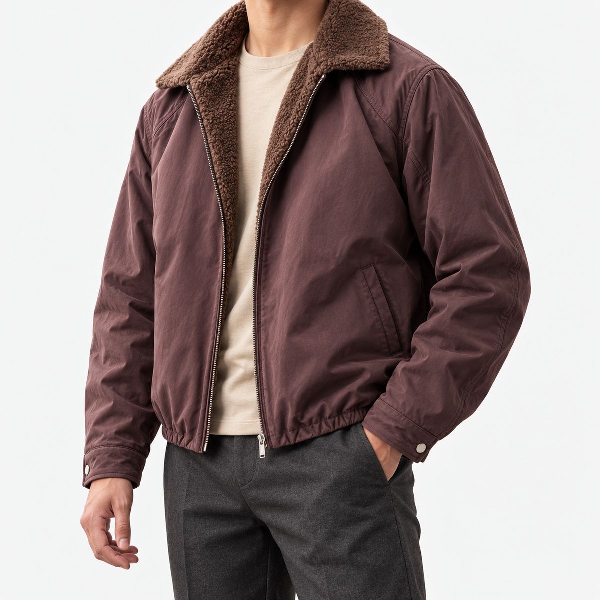 Leonardo casual jacket with flannel collar in wine red, three-quarter model view