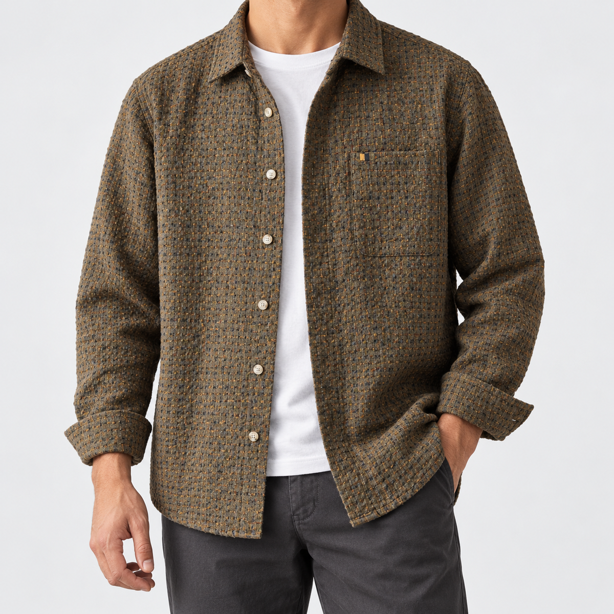 Leonardo plaid classic overshirt in coffee, front worn view