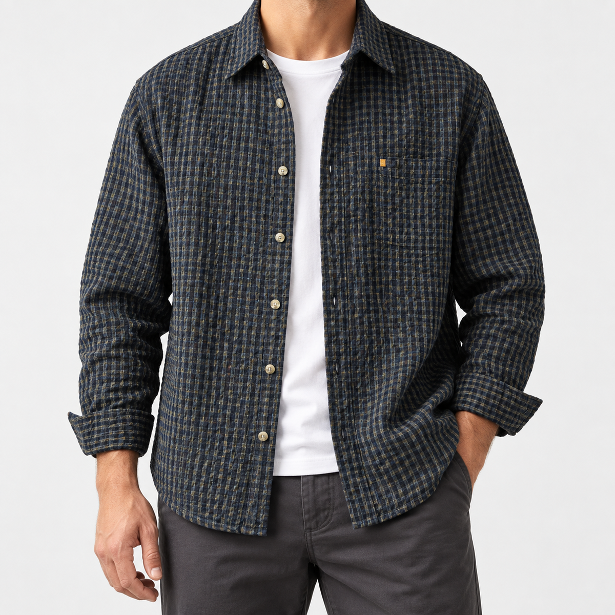 Leonardo plaid classic overshirt in blue, front worn view
