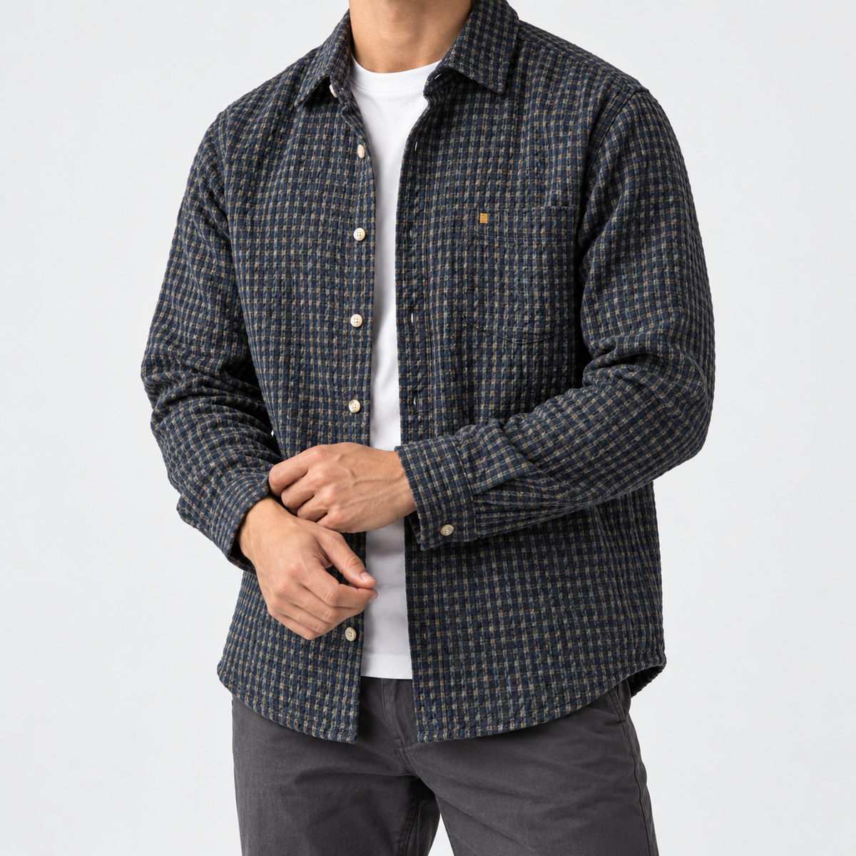 Leonardo plaid classic overshirt in blue, side worn view