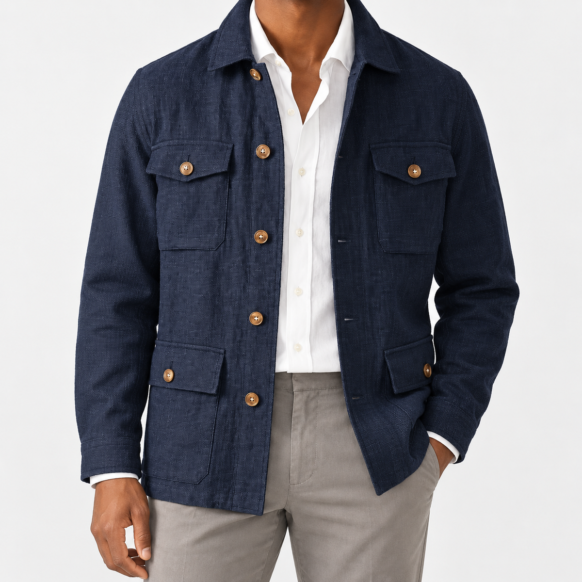 Leo cotton blazer for casual dress in navy blue, front worn view