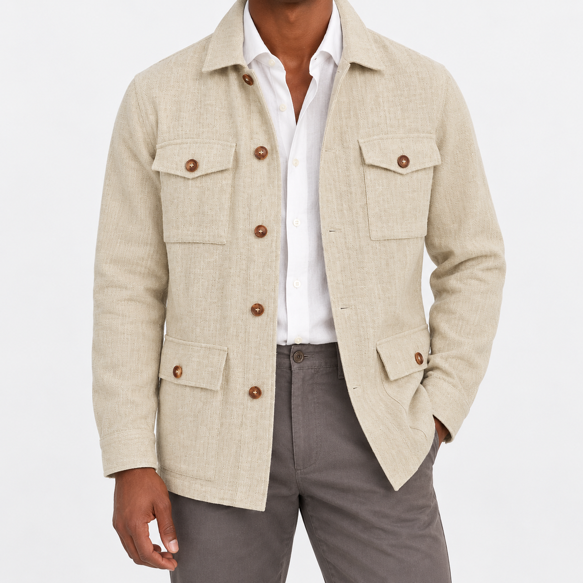 Leo cotton blazer for casual dress in beige, front worn view