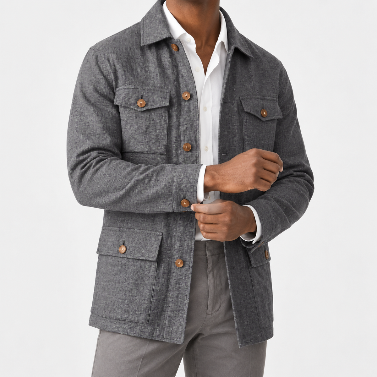 Leo cotton blazer for casual dress in dark grey, side worn view