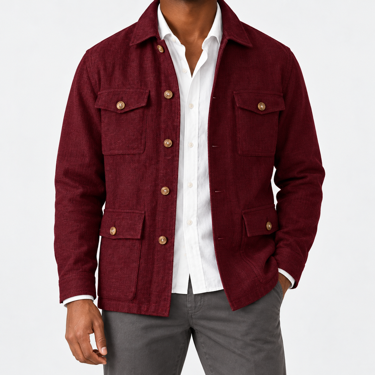 Leo cotton blazer for casual dress in burgundy, front worn view
