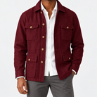 Leo cotton blazer for casual dress in burgundy, front worn view