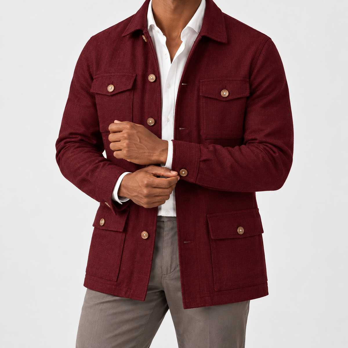 Leo cotton blazer for casual dress in burgundy, side worn view