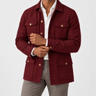 Leo cotton blazer for casual dress in burgundy, side worn view