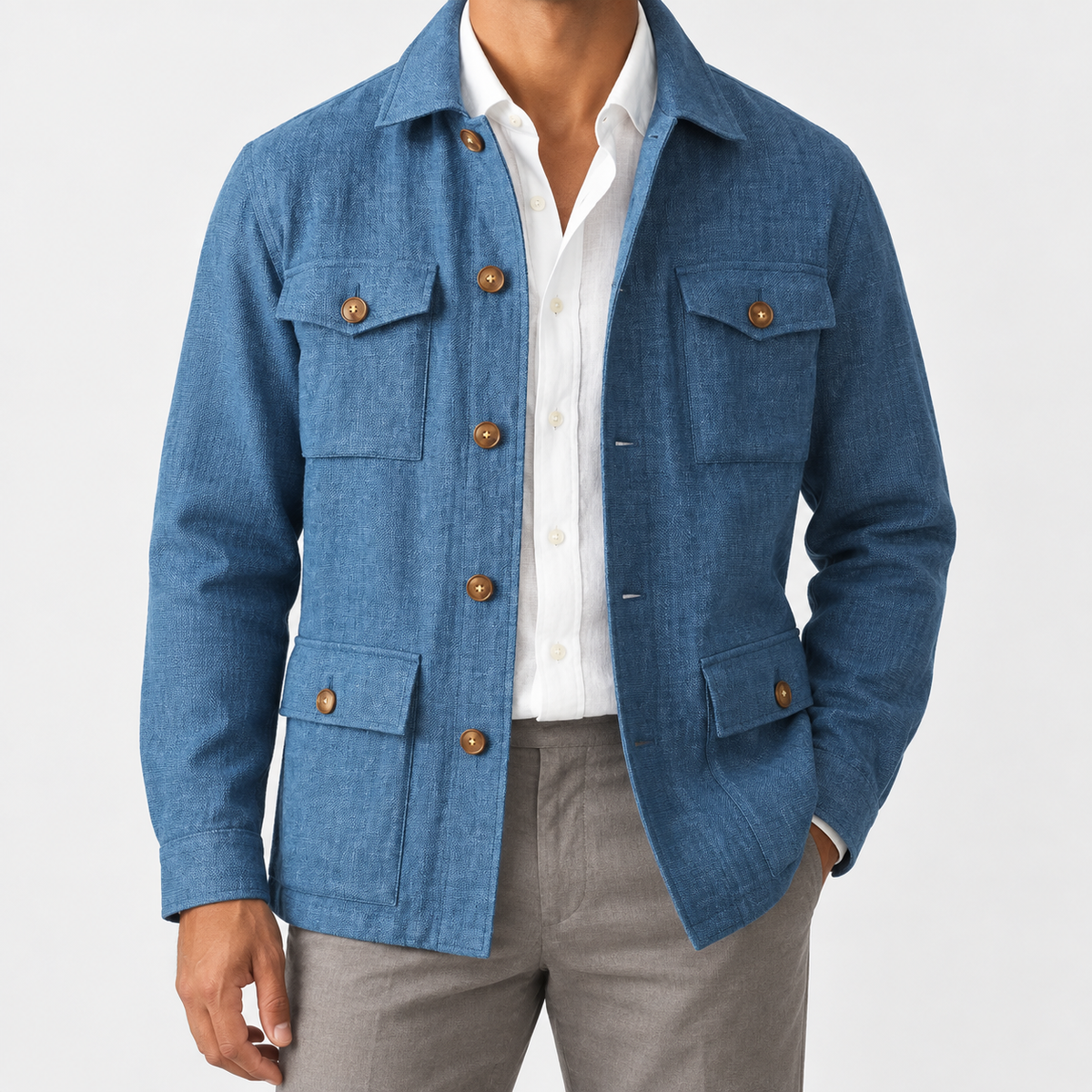 Leo cotton blazer for casual dress in blue, front worn view