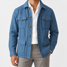 Leo cotton blazer for casual dress in blue, front worn view