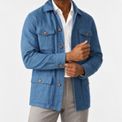 Leo cotton blazer for casual dress in blue, side worn view