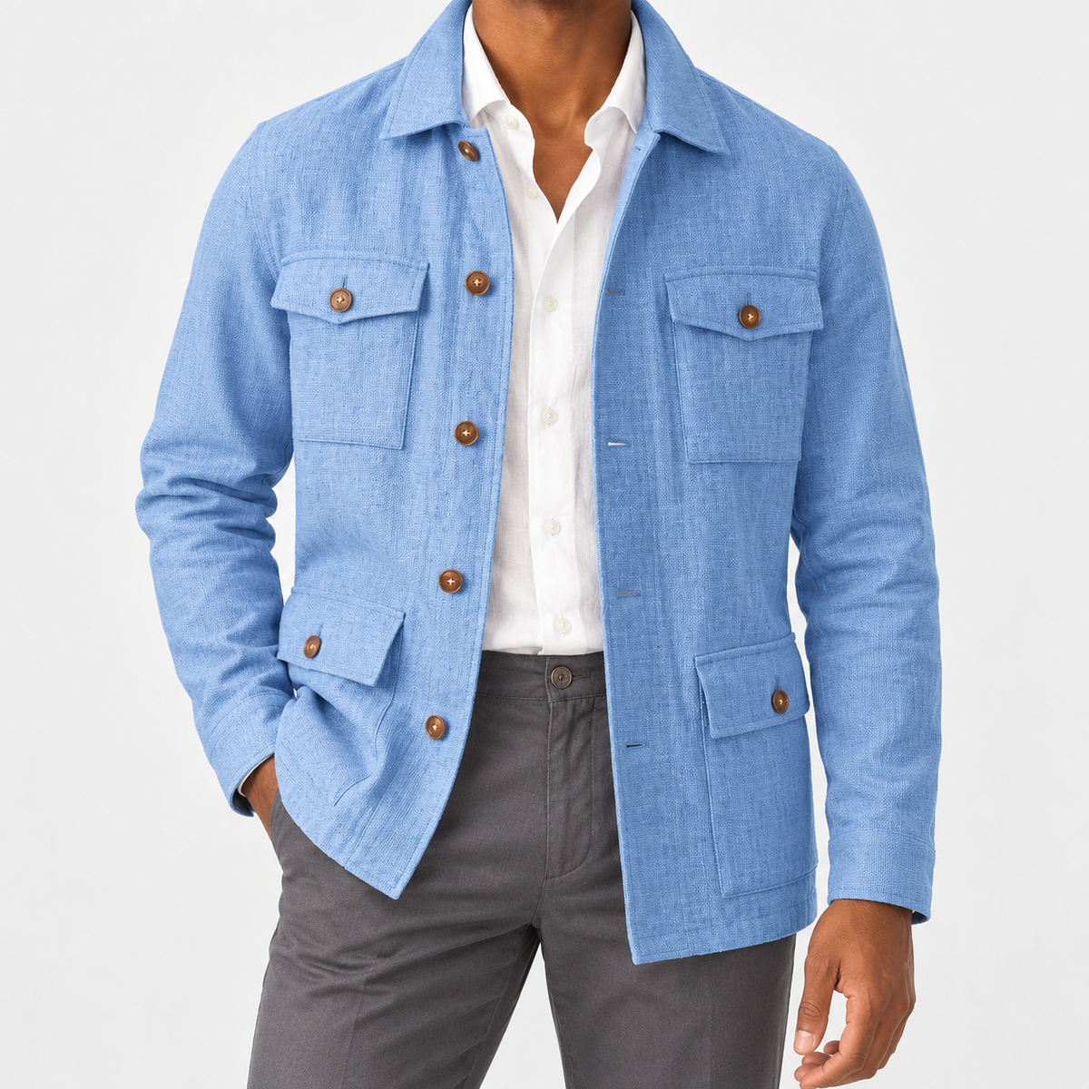 Leo cotton blazer for casual dress in sky blue, front worn view