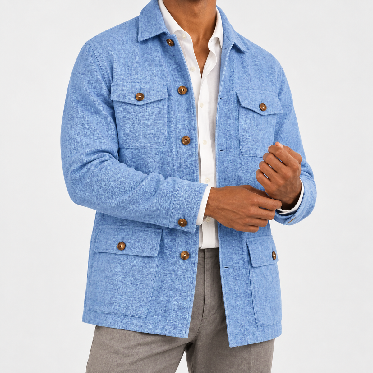 Leo cotton blazer for casual dress in sky blue, side worn view