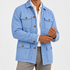 Leo cotton blazer for casual dress in sky blue, side worn view