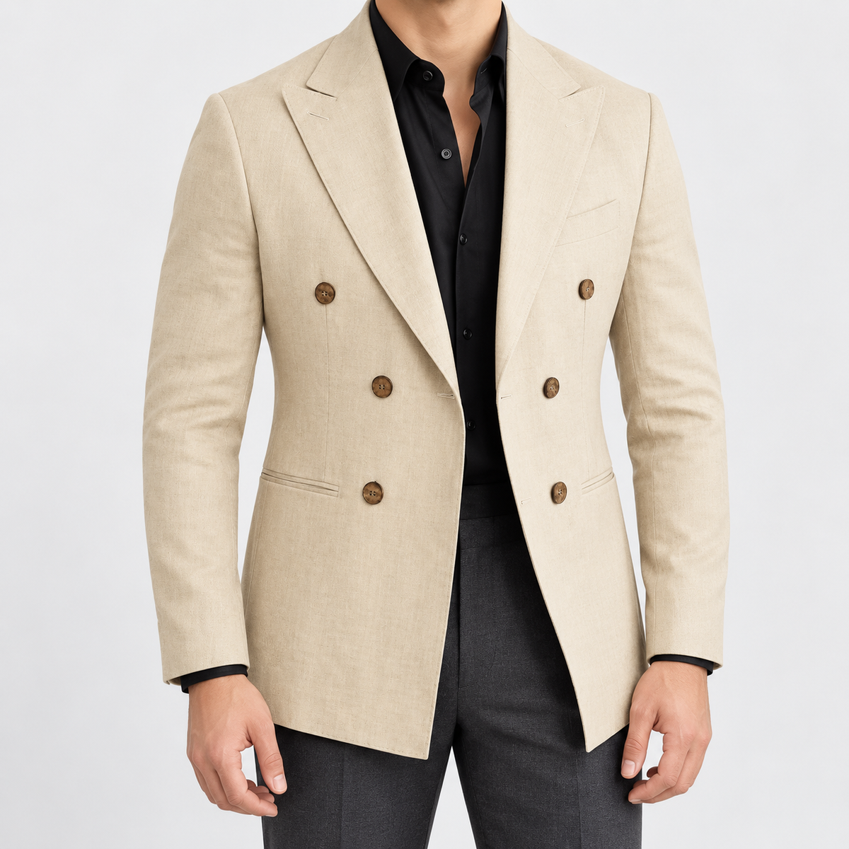 Leo soft slim fit blazer in khaki, front worn view