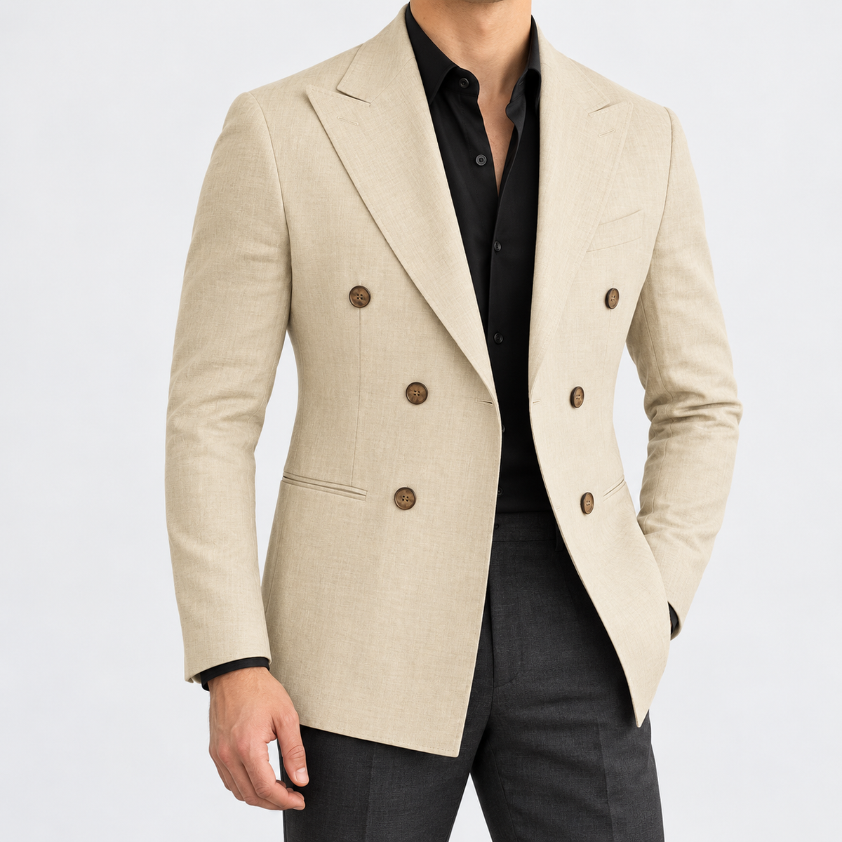 Leo soft slim fit blazer in khaki, side worn view
