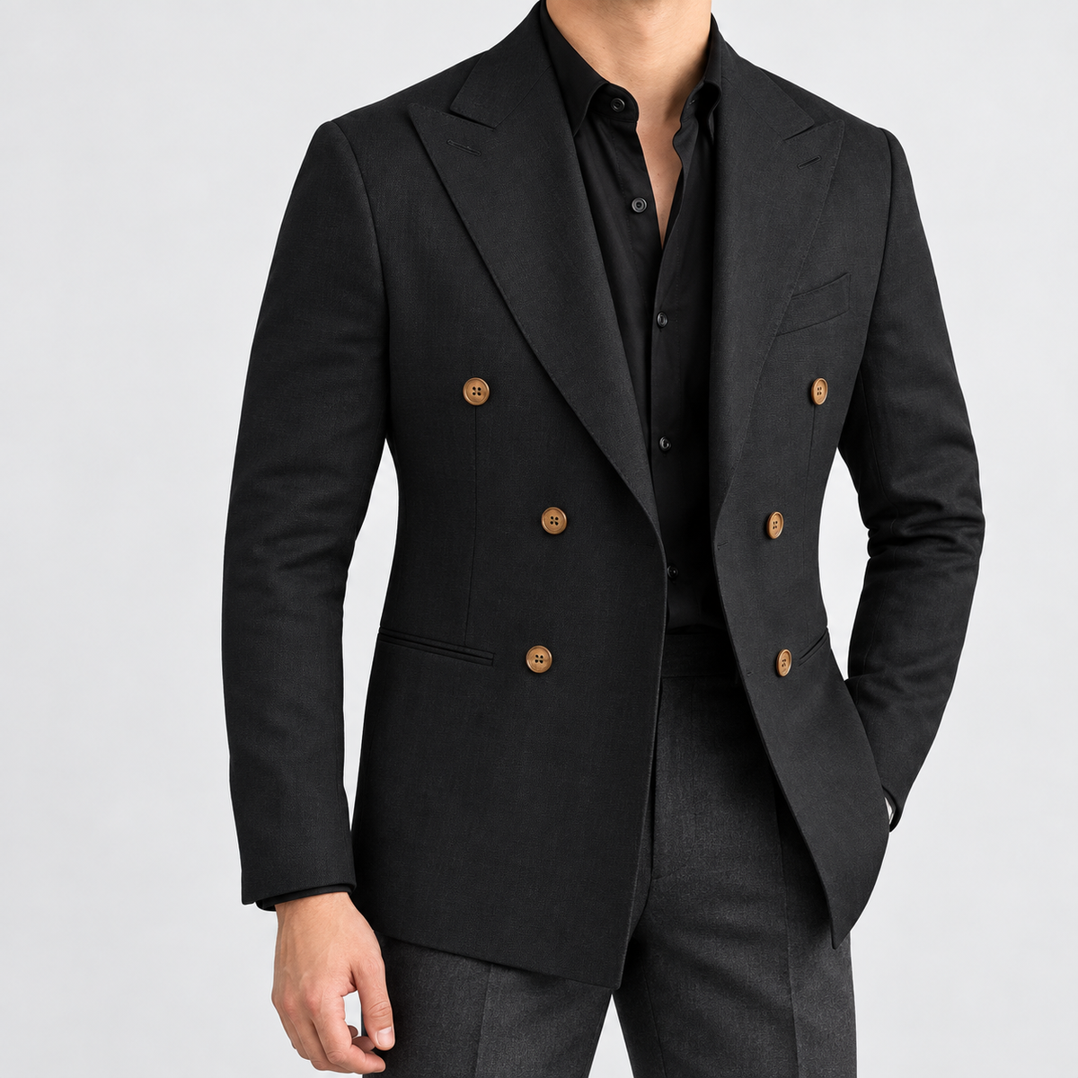 Leo soft slim fit blazer in black, side worn view