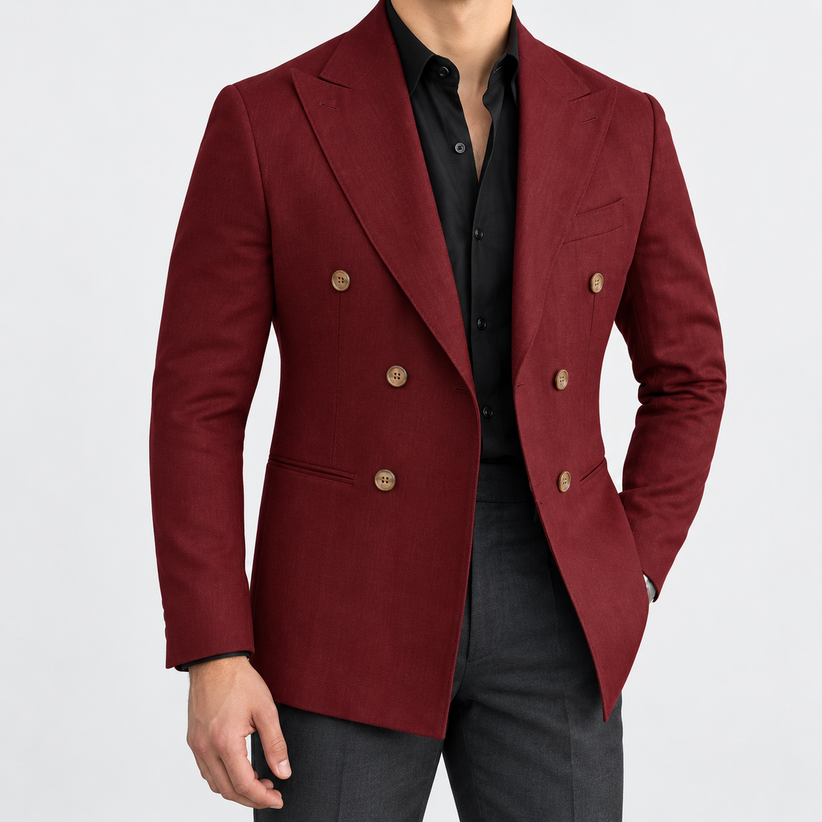 Leo soft slim fit blazer in burgundy, side worn view