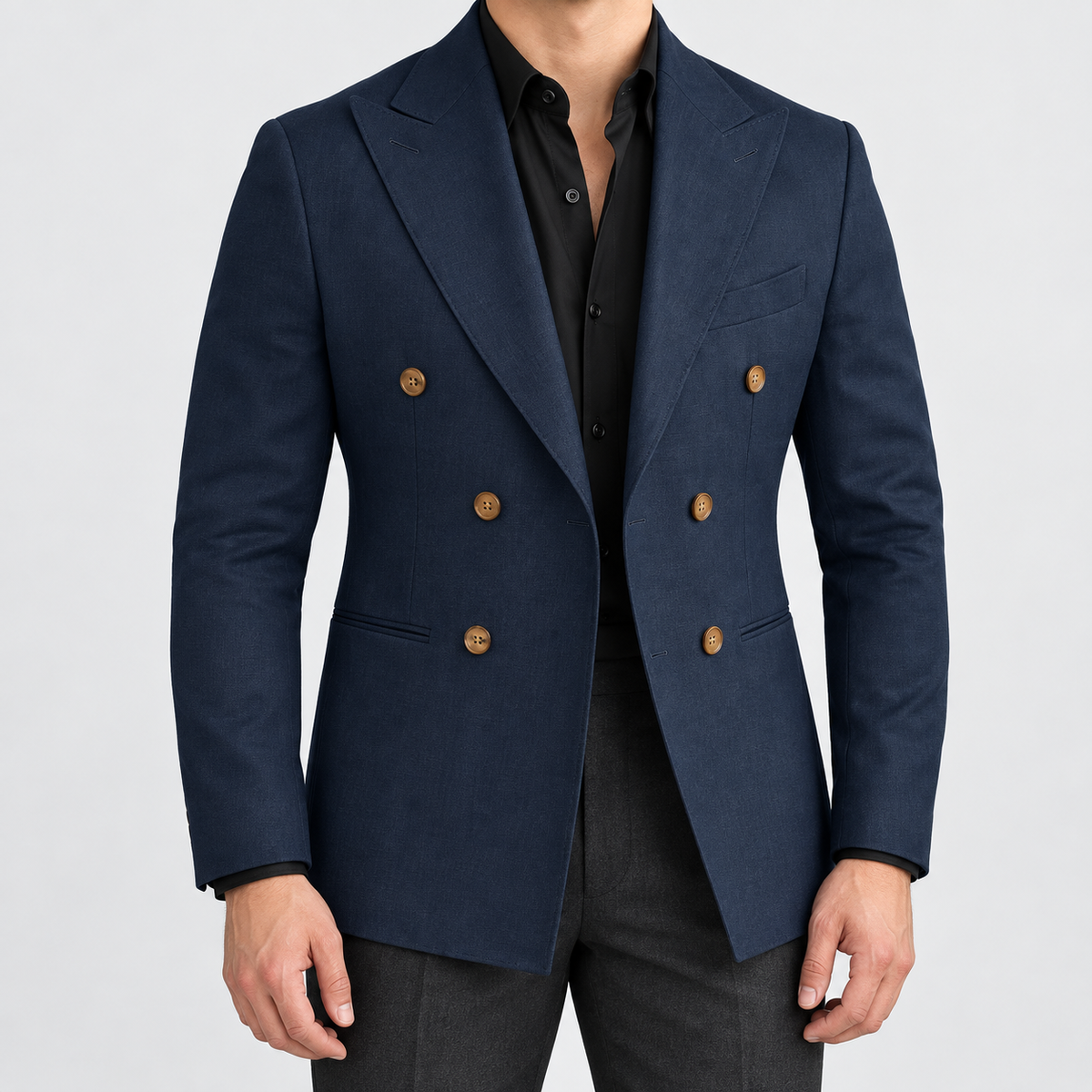 Leo soft slim fit blazer in navy blue, front worn view