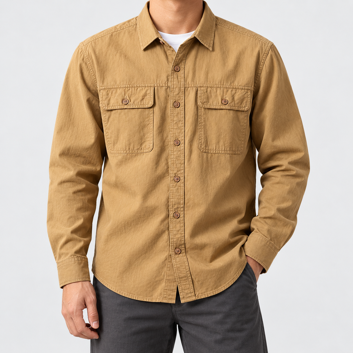 Leo 100% cotton retro utility shirt in khaki, front worn view