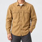 Leo 100% cotton retro utility shirt in khaki, front worn view