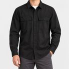 Leo 100% cotton retro utility shirt in black, front worn view