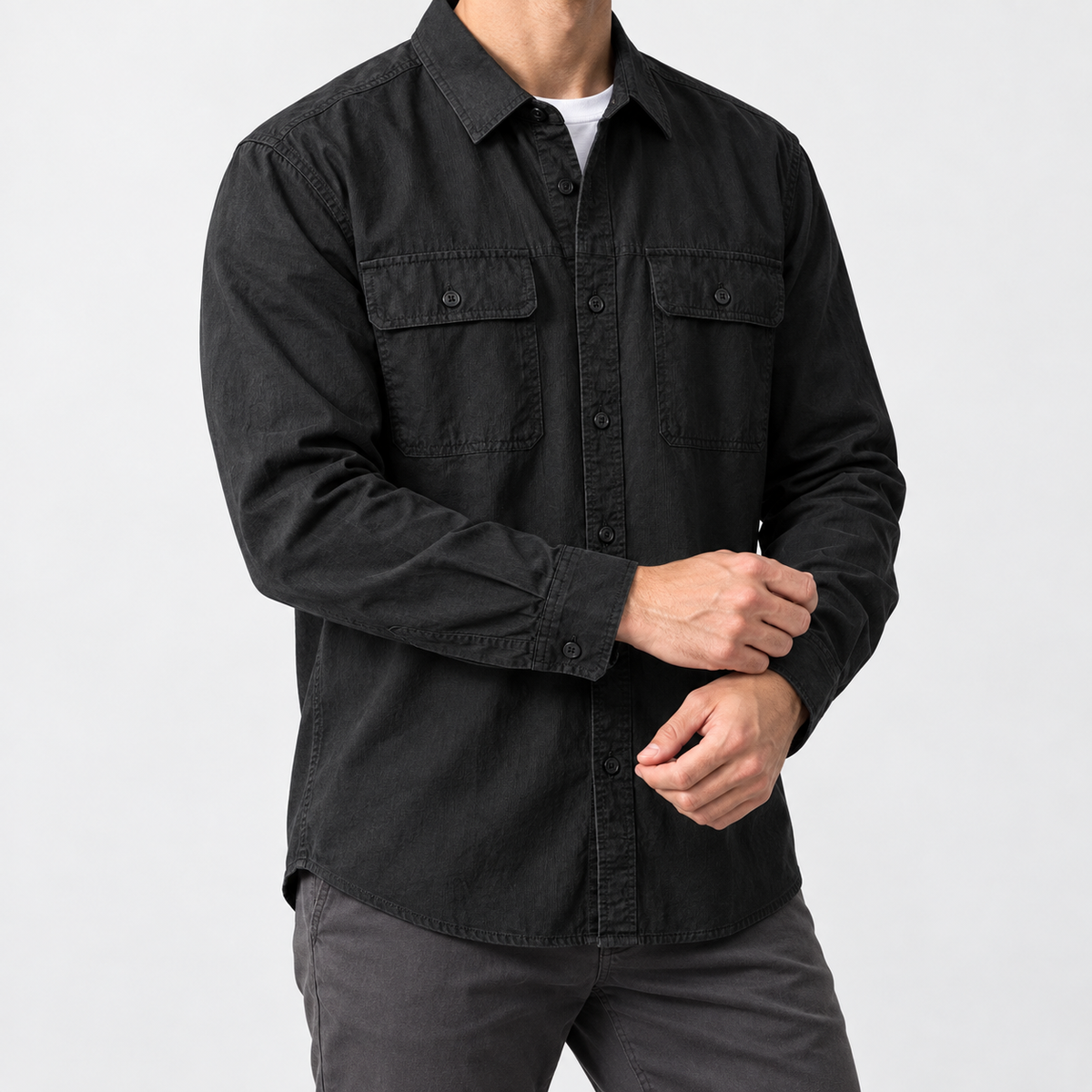 Leo 100% cotton retro utility shirt in black, side worn view