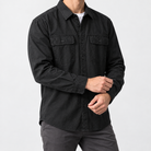 Leo 100% cotton retro utility shirt in black, side worn view
