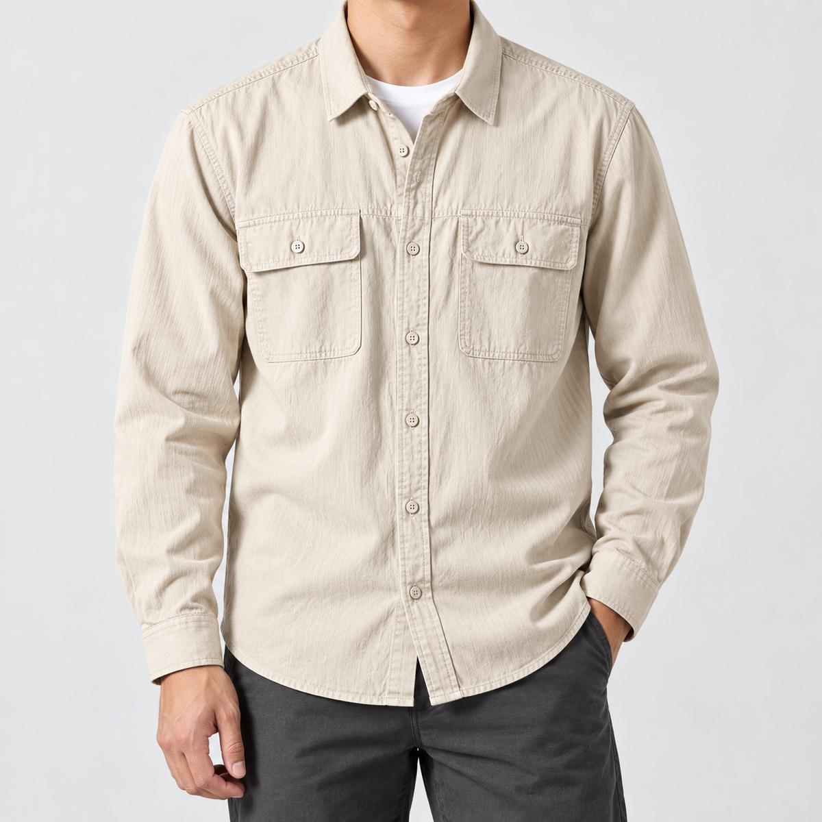 Leo 100% cotton retro utility shirt in beige, front worn view