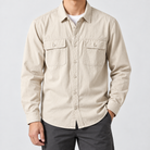 Leo 100% cotton retro utility shirt in beige, front worn view
