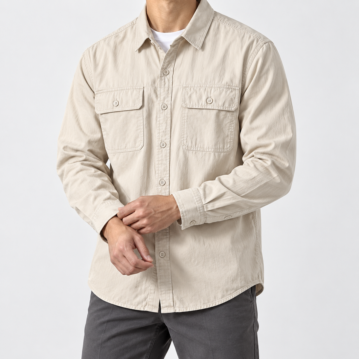 Leo 100% cotton retro utility shirt in beige, side worn view