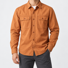 Leo 100% cotton retro utility shirt in orange, front worn view