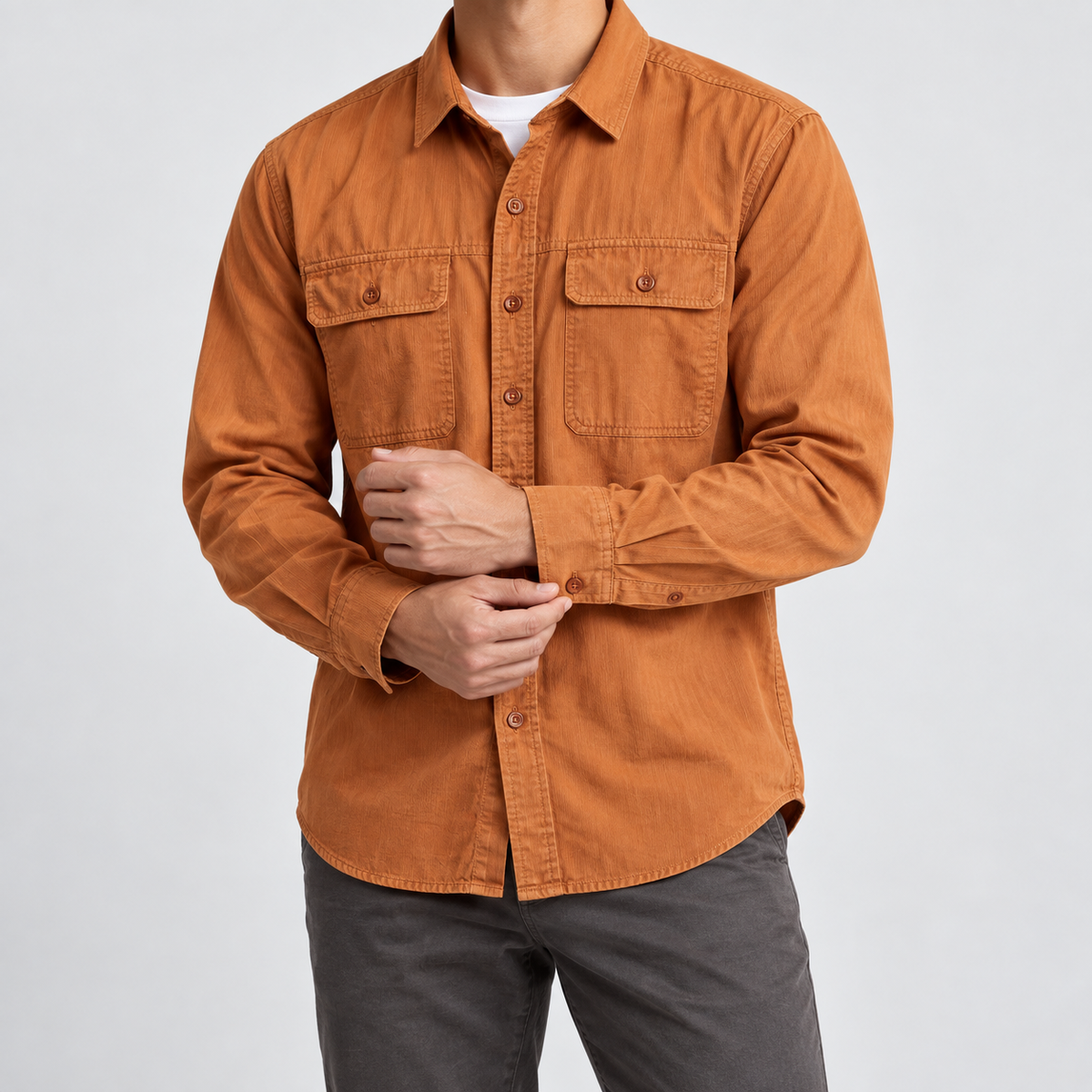 Leo 100% cotton retro utility shirt in orange, side worn view