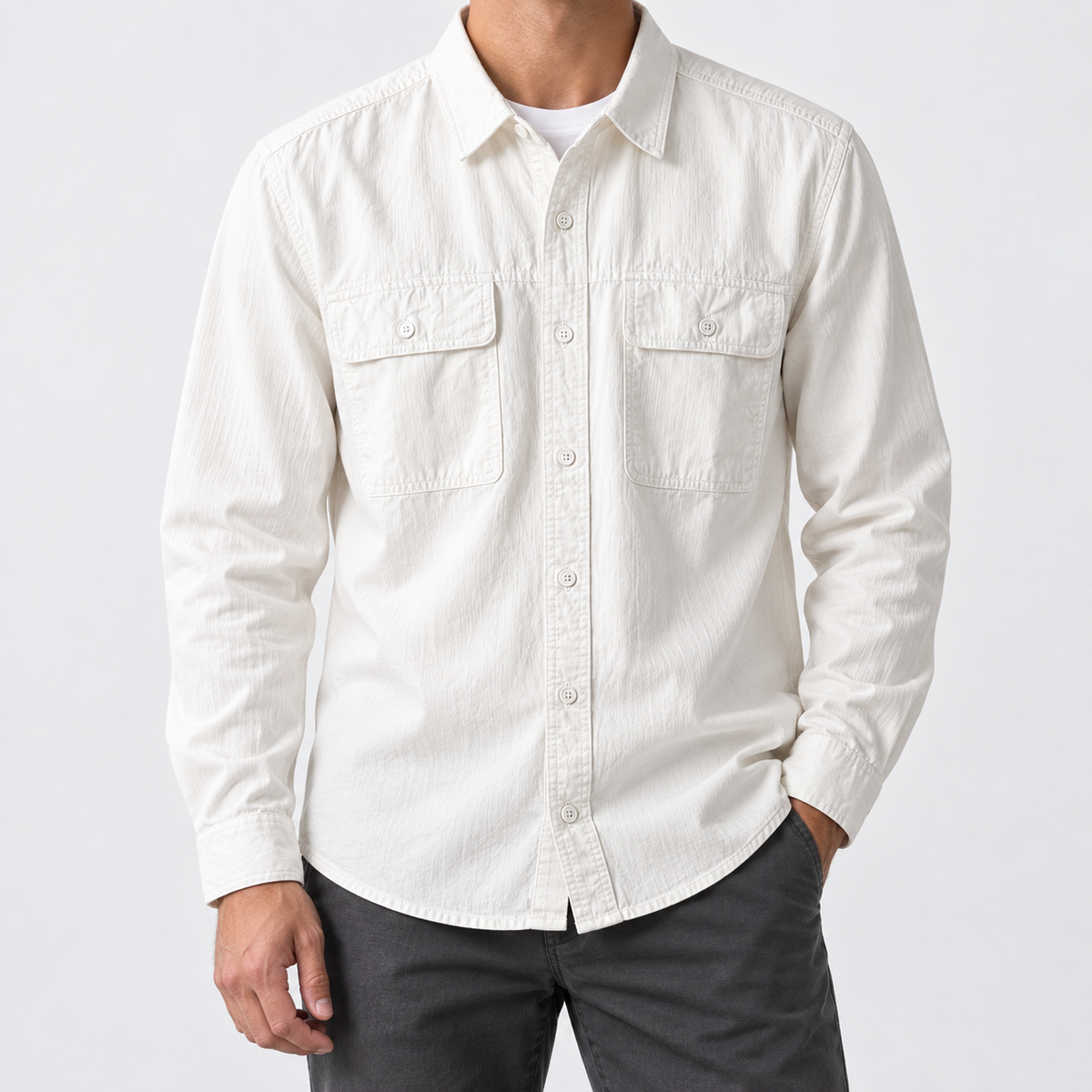 Leo 100% cotton retro utility shirt in white, front worn view