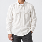Leo 100% cotton retro utility shirt in white, front worn view