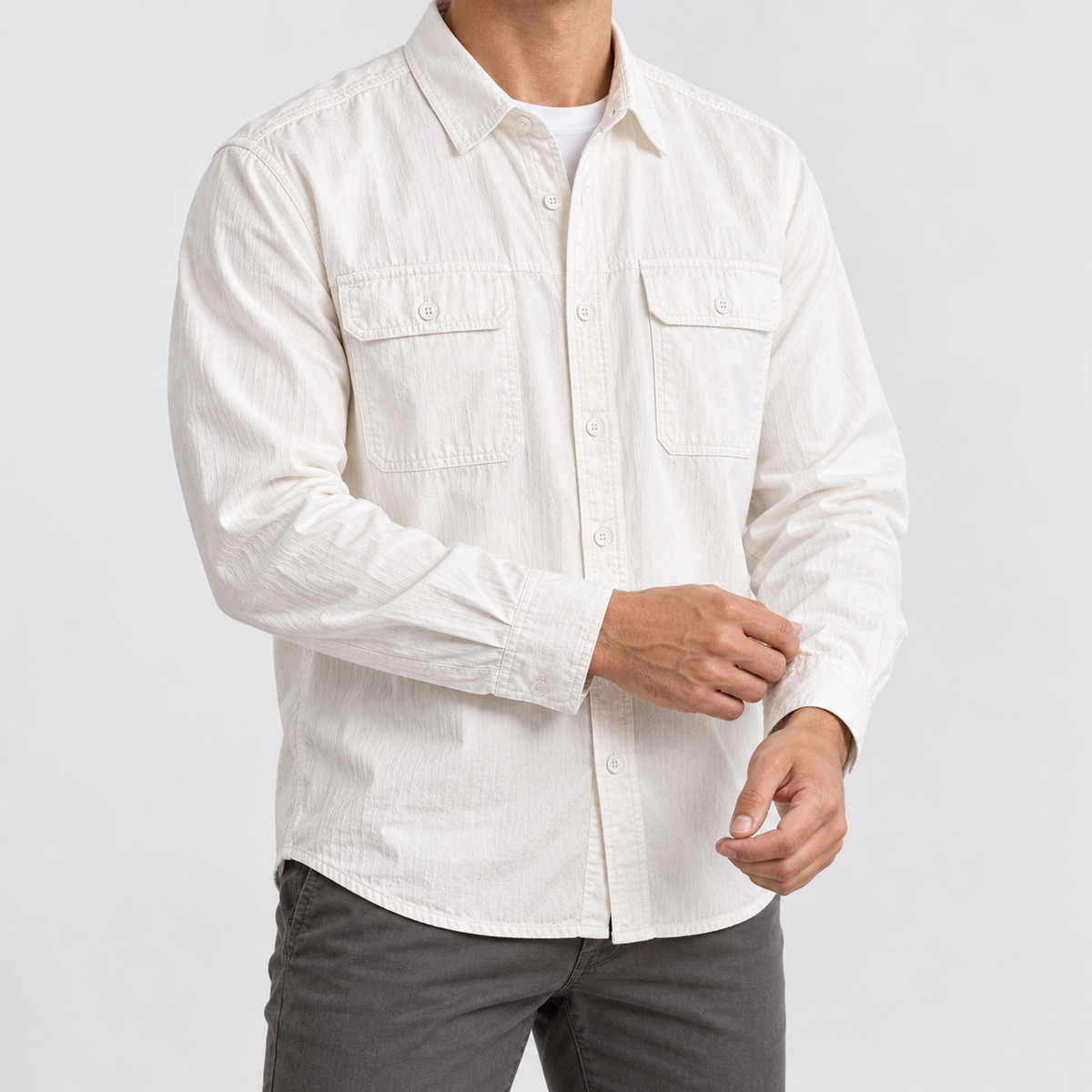 Leo 100% cotton retro utility shirt in white, side worn view