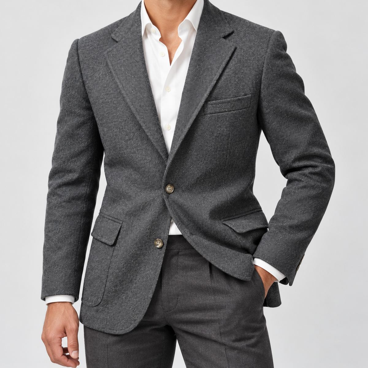 Leo slim fit elegant suit blazer in dark grey, side worn view