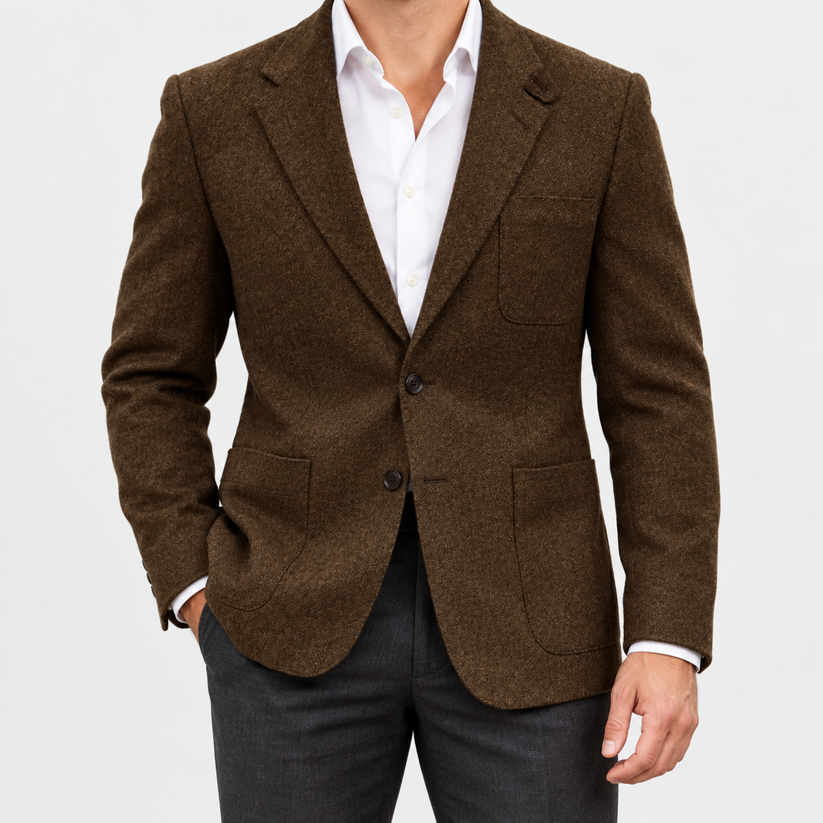 Leo slim fit elegant suit blazer in brown, front worn view