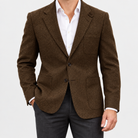 Leo slim fit elegant suit blazer in brown, front worn view