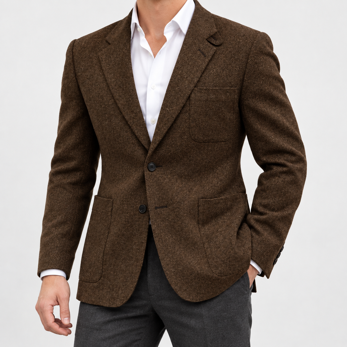 Leo slim fit elegant suit blazer in brown, side worn view