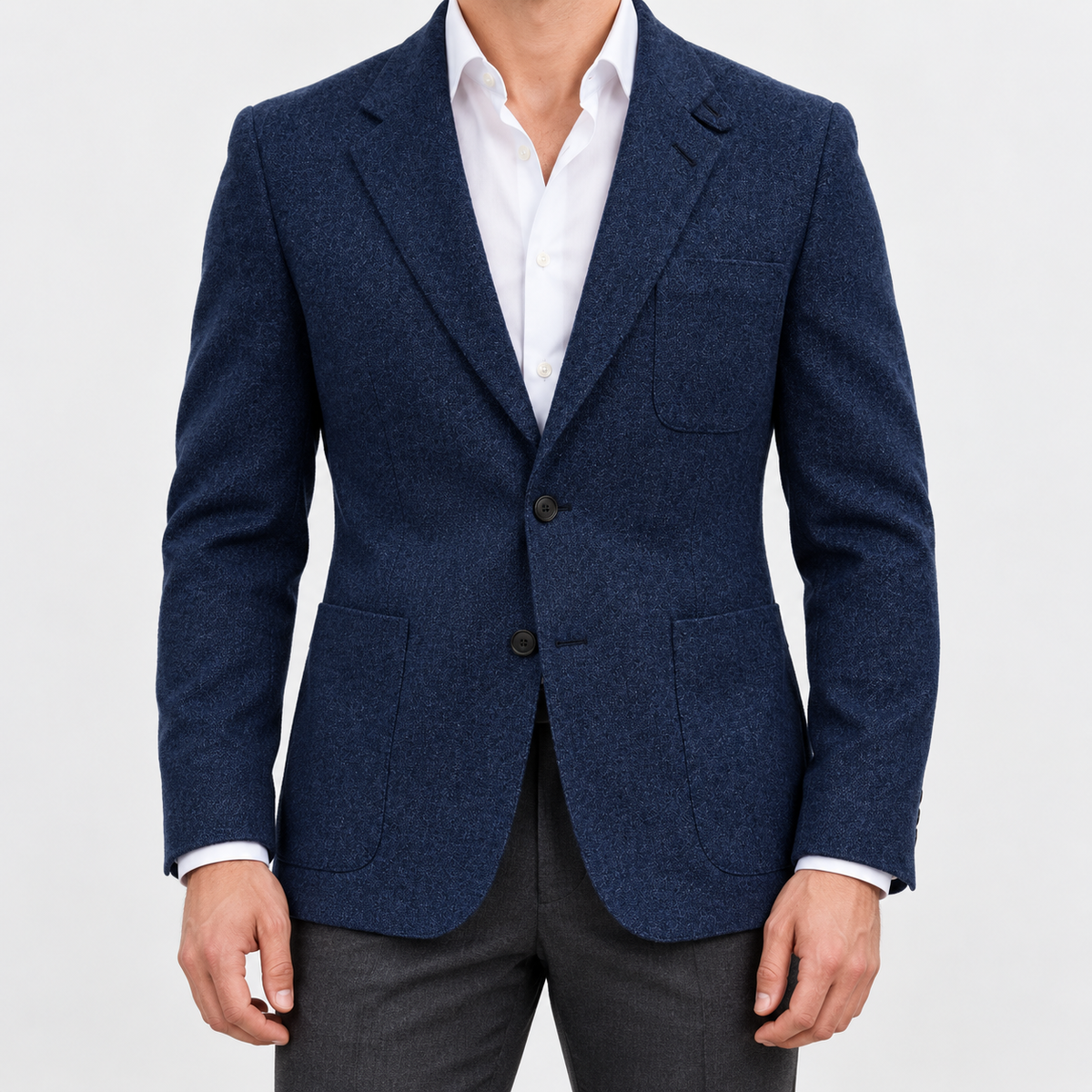 Leo slim fit elegant suit blazer in navy blue, front worn view