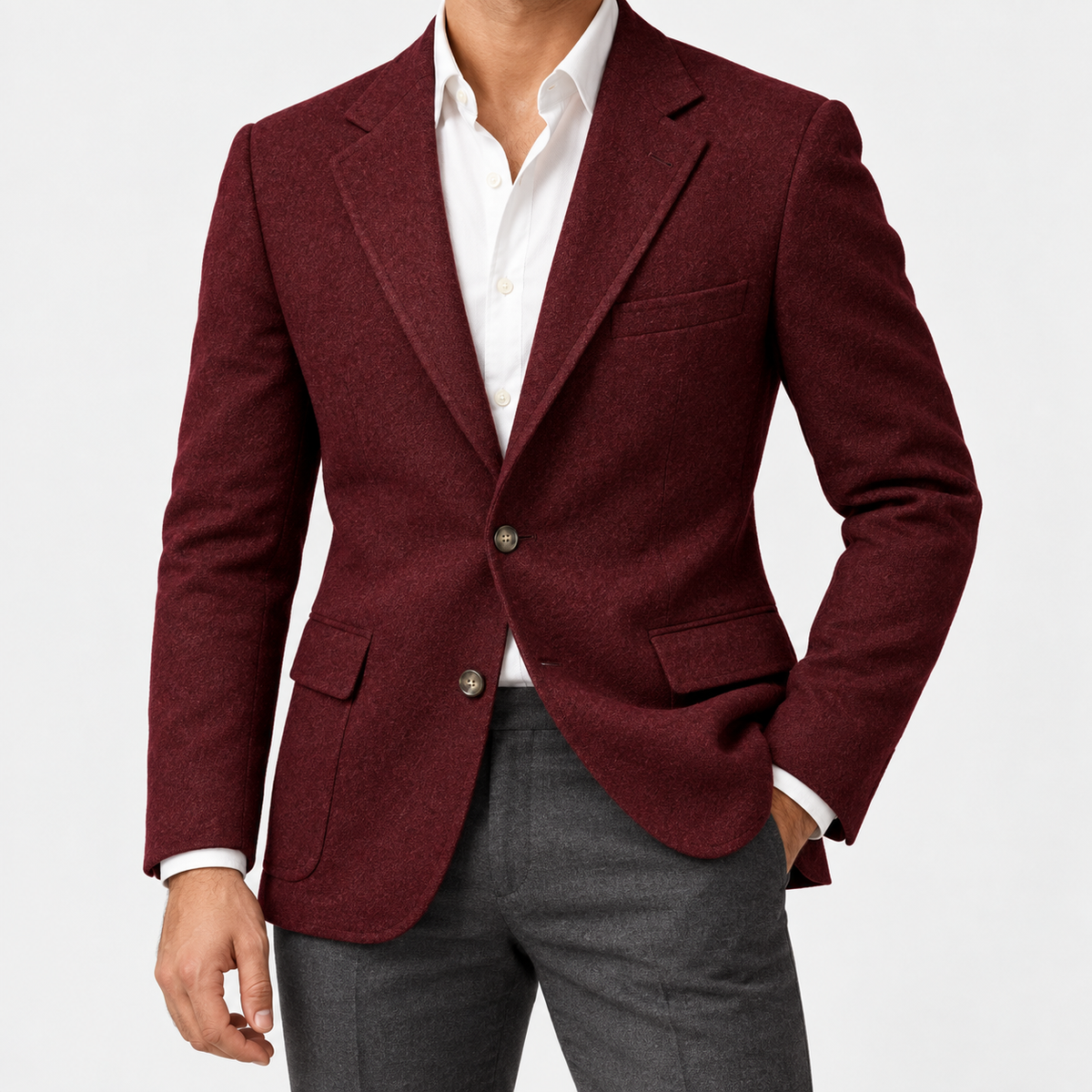 Leo slim fit elegant suit blazer in burgundy-1, side worn view