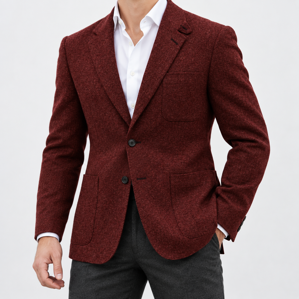 Leo slim fit elegant suit blazer in burgundy, side worn view