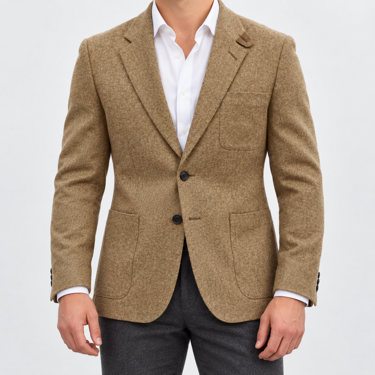 Leo slim fit elegant suit blazer in khaki, front worn view