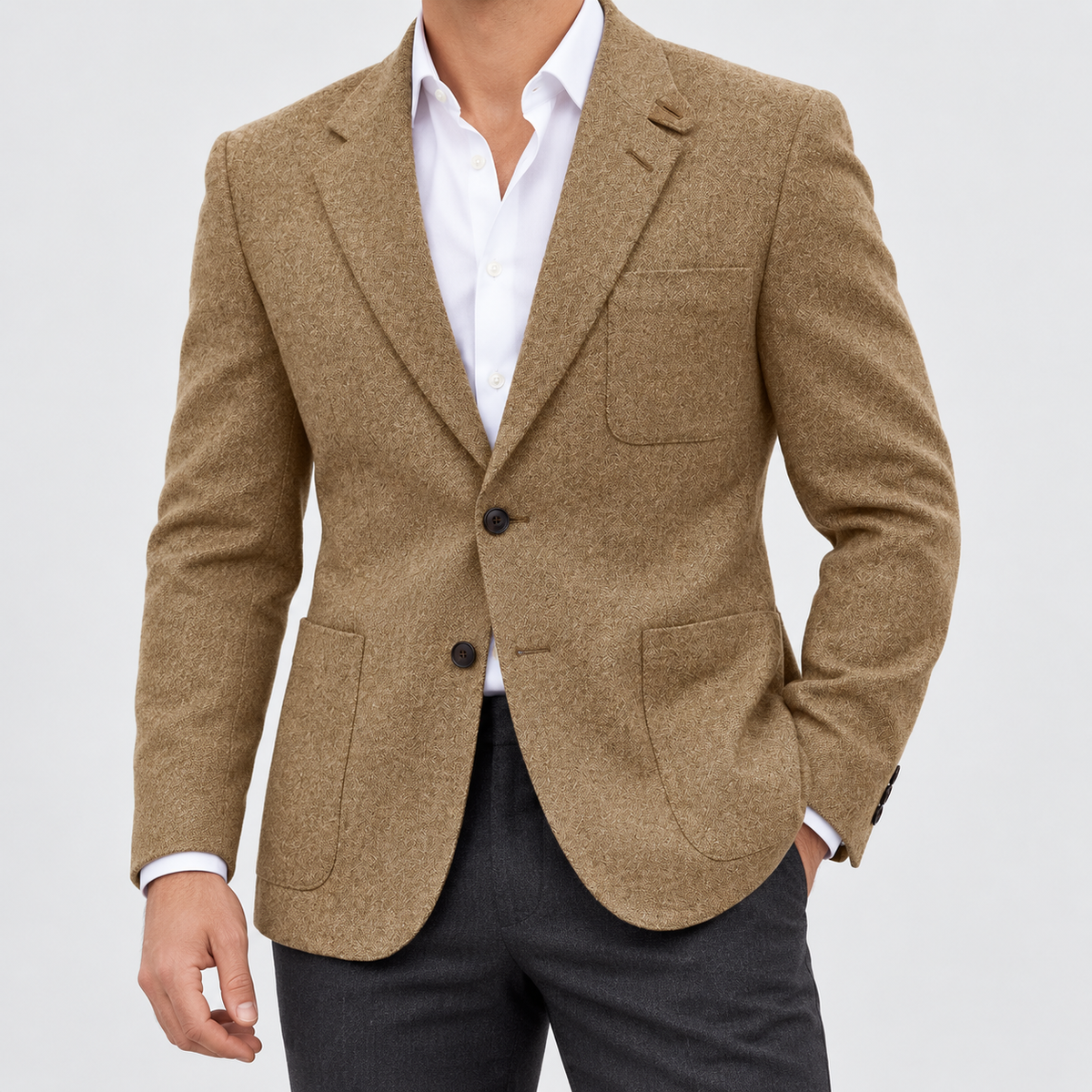 Leo slim fit elegant suit blazer in khaki, side worn view