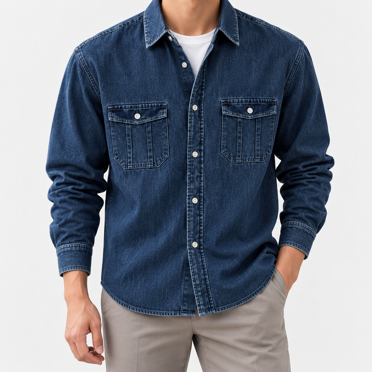 Leo casual spring denim shirt in dark blue, front worn view