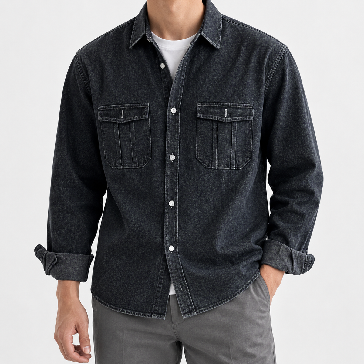 Leo casual spring denim shirt in black, front worn view