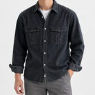 Leo casual spring denim shirt in black, front worn view