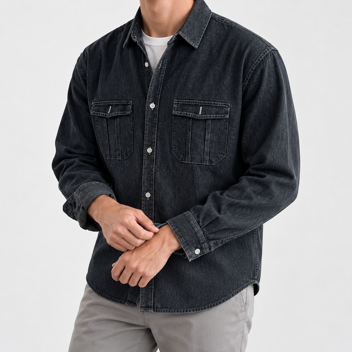 Leo casual spring denim shirt in black, side worn view
