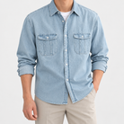 Leo casual spring denim shirt in light blue, front worn view